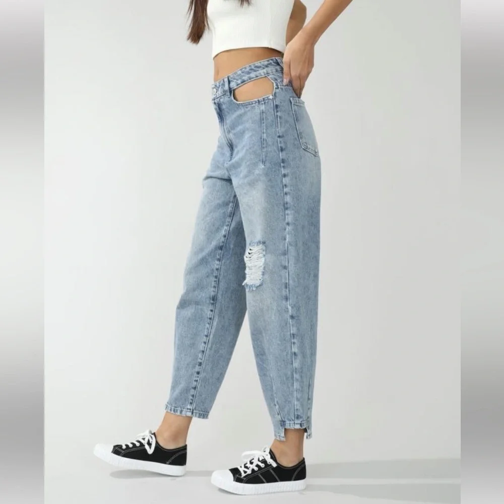 PIMKIE High Waisted Slouchy Cut Out Mom Jeans in Light Blue Size S - Picture 2 of 16